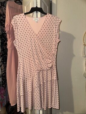 ELLE Light Pink Polka Dot Faux-Wrap Tiered Midi Dress